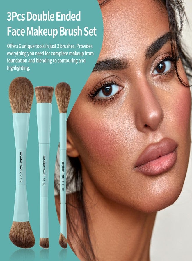 EIGSHOW Makeup Brush Set, 3Pcs Dual Ended Face Makeup Brushes for Foundation Powder Contour Highlight Concealer Nose Shadow, Travel Gift Set (Cyan) - Image 5